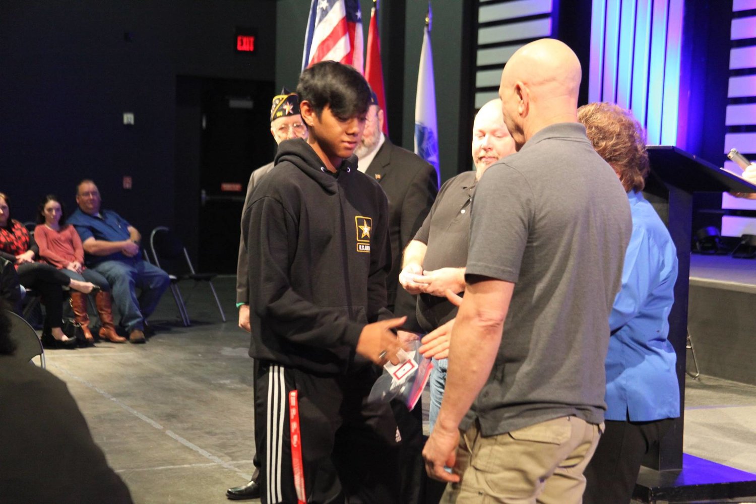 A U.S. Army recruit speaks with supporters at a Texans Embracing America’s Military event in 2019. Many of the events for 2020 were canceled due to the pandemic, but organizers are working on getting the military recruit pep rallies started up again.
